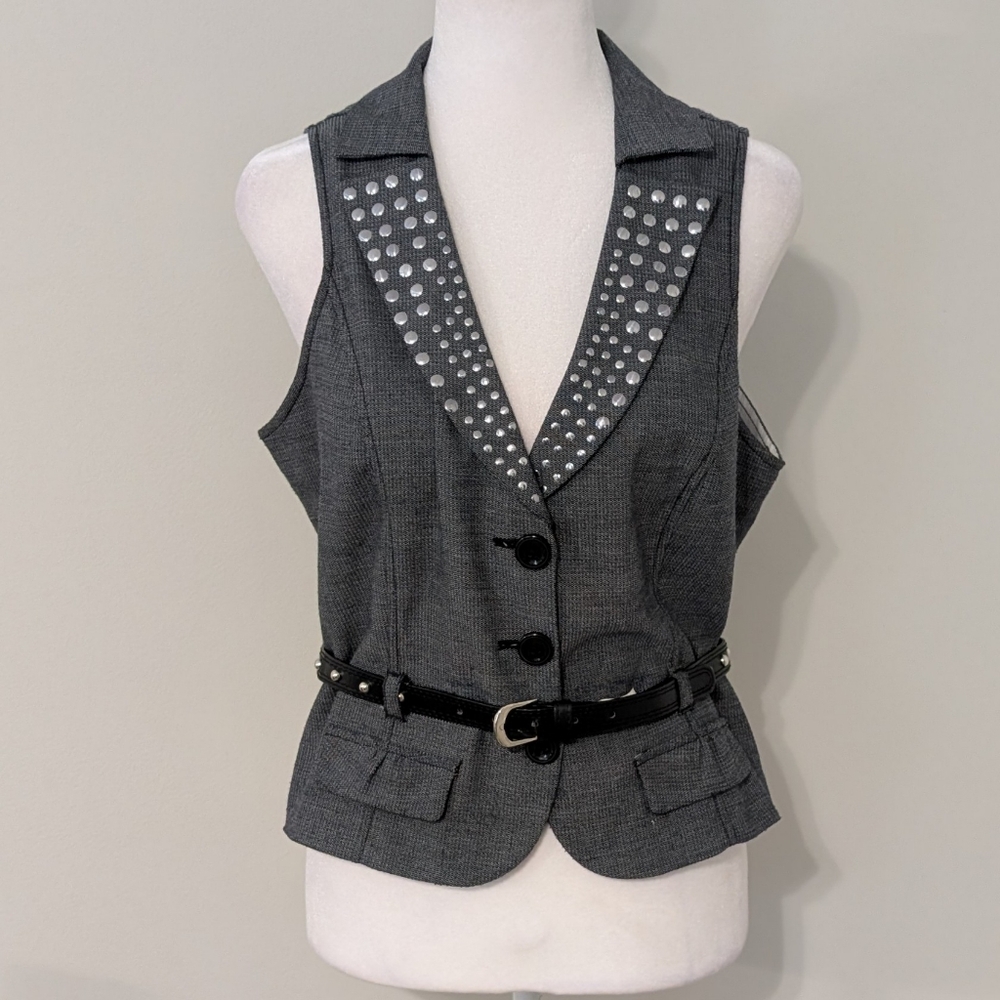 Candies Y2K Studded Vest SIZE 11 Grunge Academia Whimsigoth Belt Button Up Gray